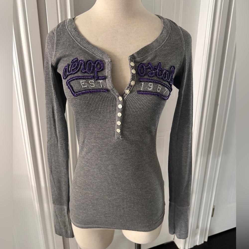 Vintage Aeropostale Gray Ribbed Long Sleeve Henley with Purple Embroidery